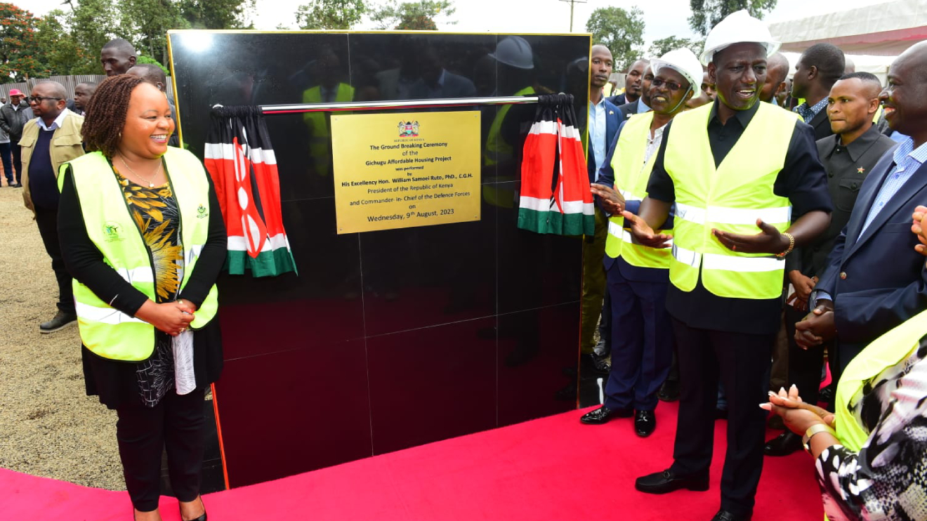 President William Ruto and Governor Anne Waiguru launching the low-cost housing project in Kirinyaga. PHOTO/COURTESY